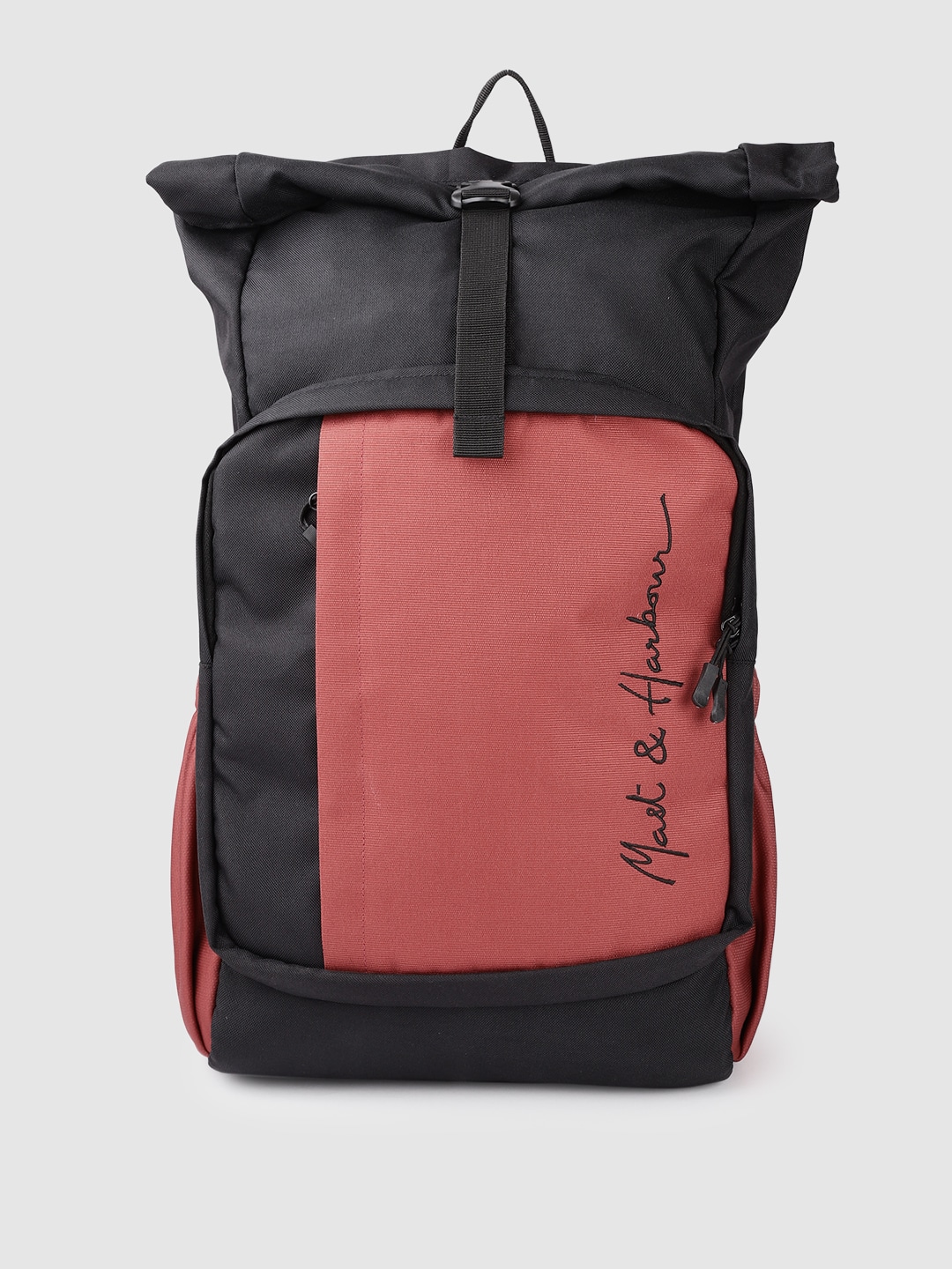 Mast & Harbour Unisex Black & Rust Orange Colourblocked Embroidered Backpack 21.4 L Price in India