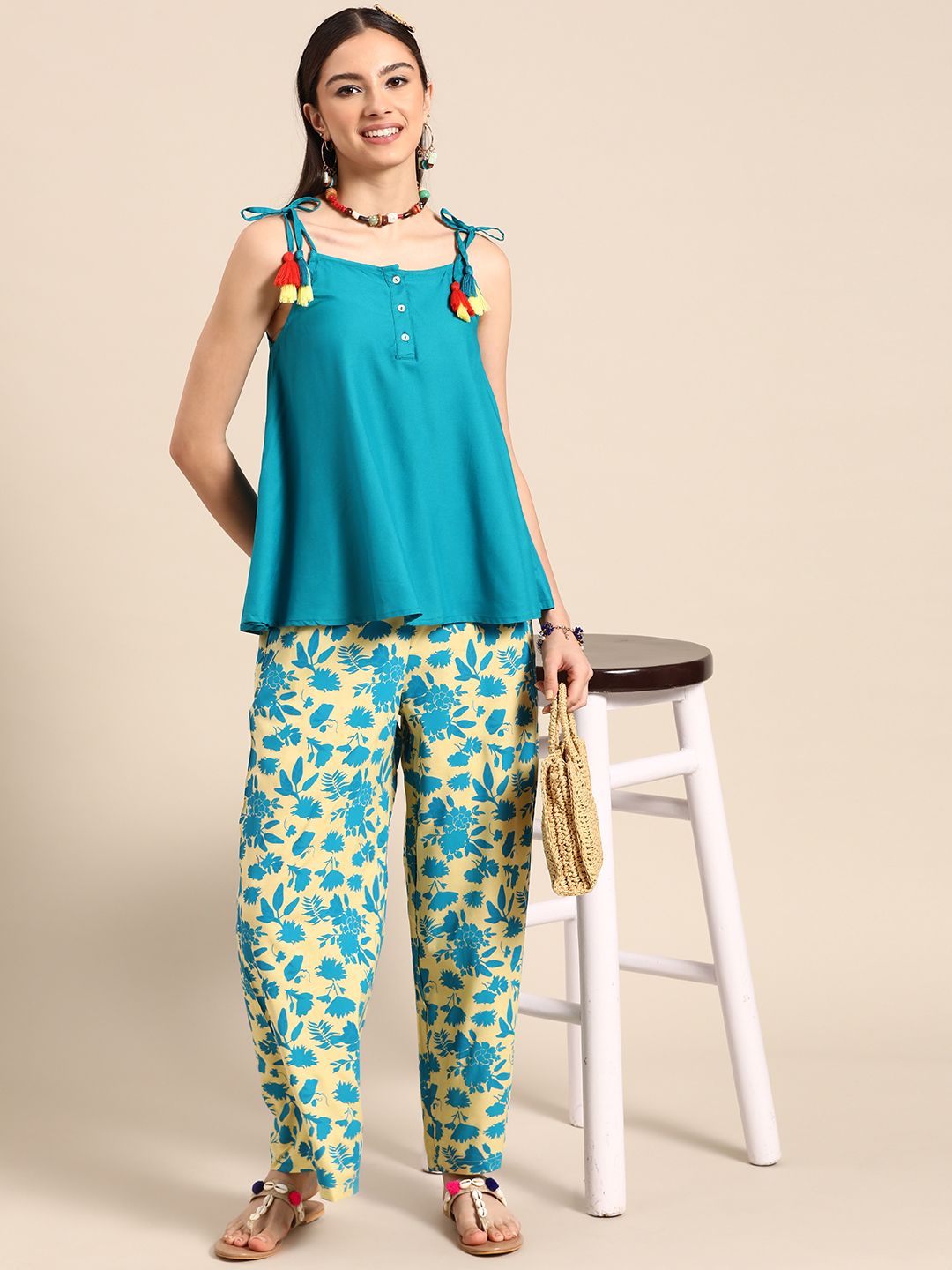 Sangria Women Teal Blue & Sage Green Top with Palazzo Price in India