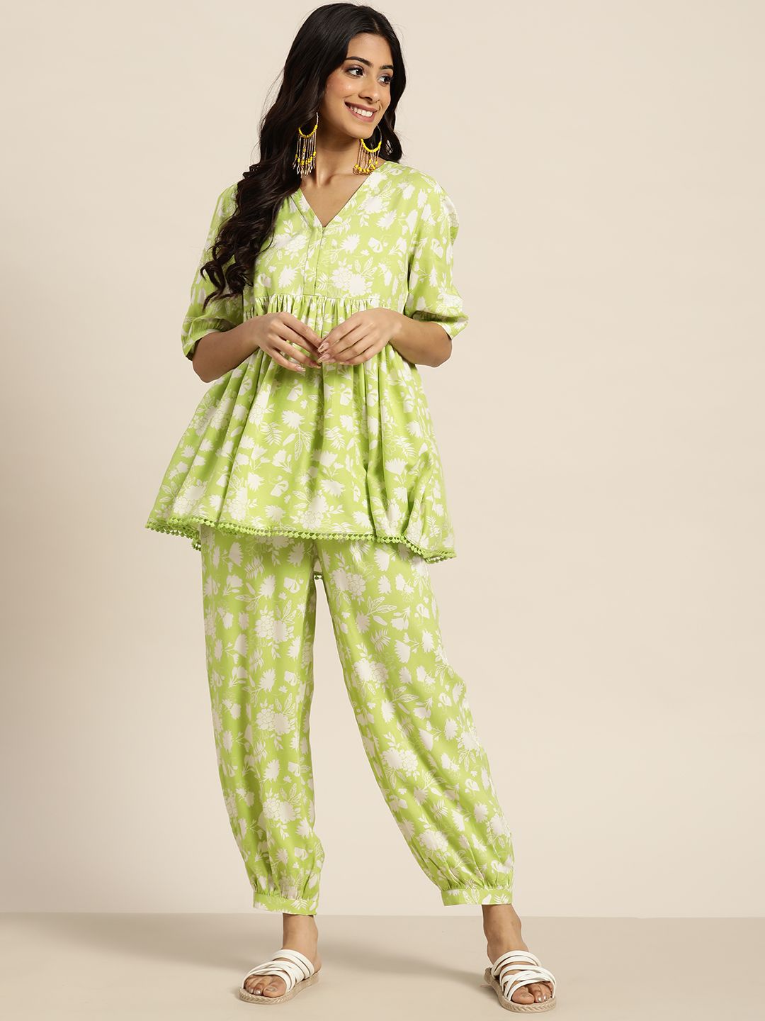 Sangria Women Green Floral Printed Pleated Pure Cotton A-Line Kurti with Salwar