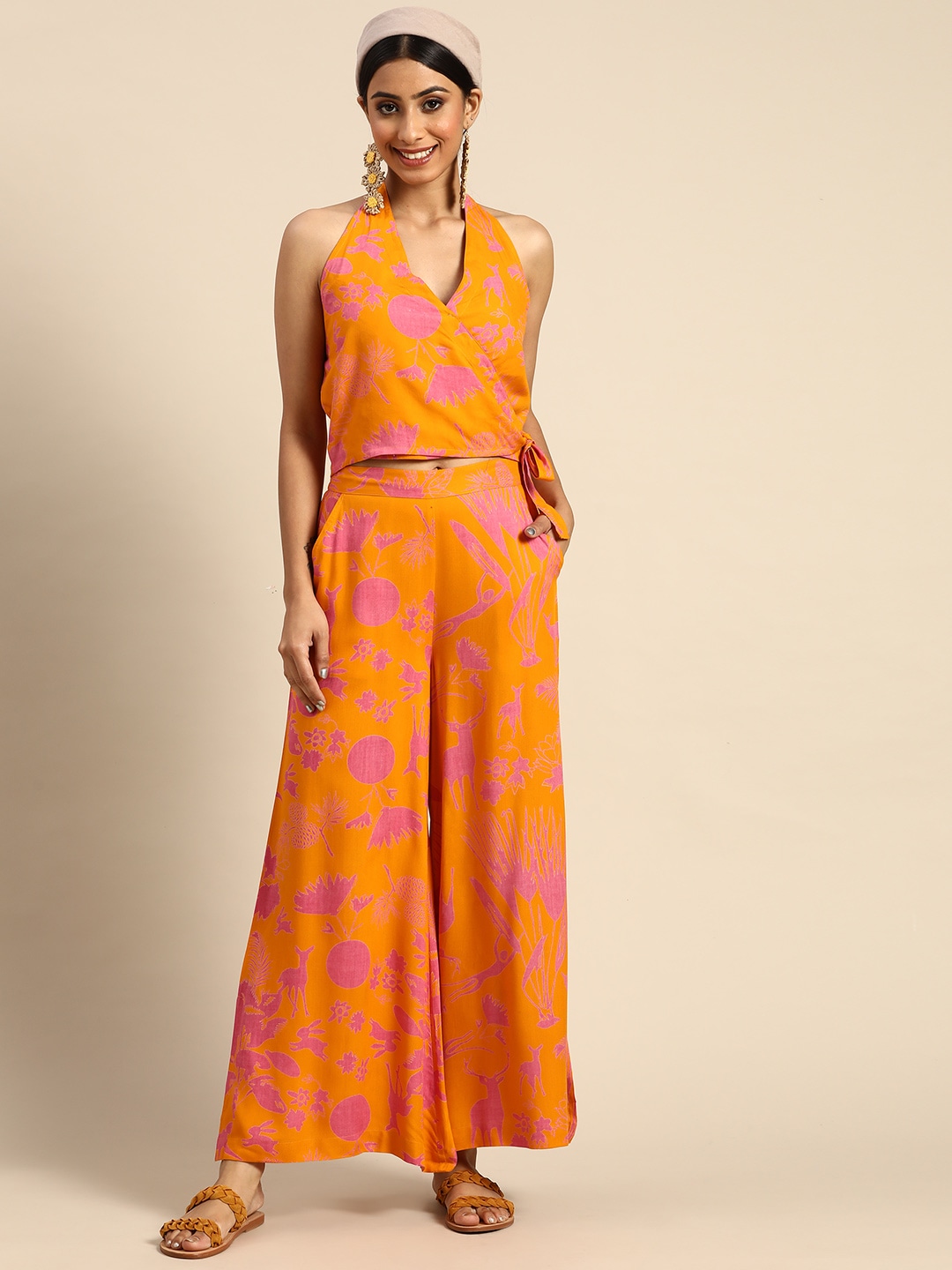 Sangria Women Mustard Yellow & Magenta Printed Wrap Top with Palazzos Price in India