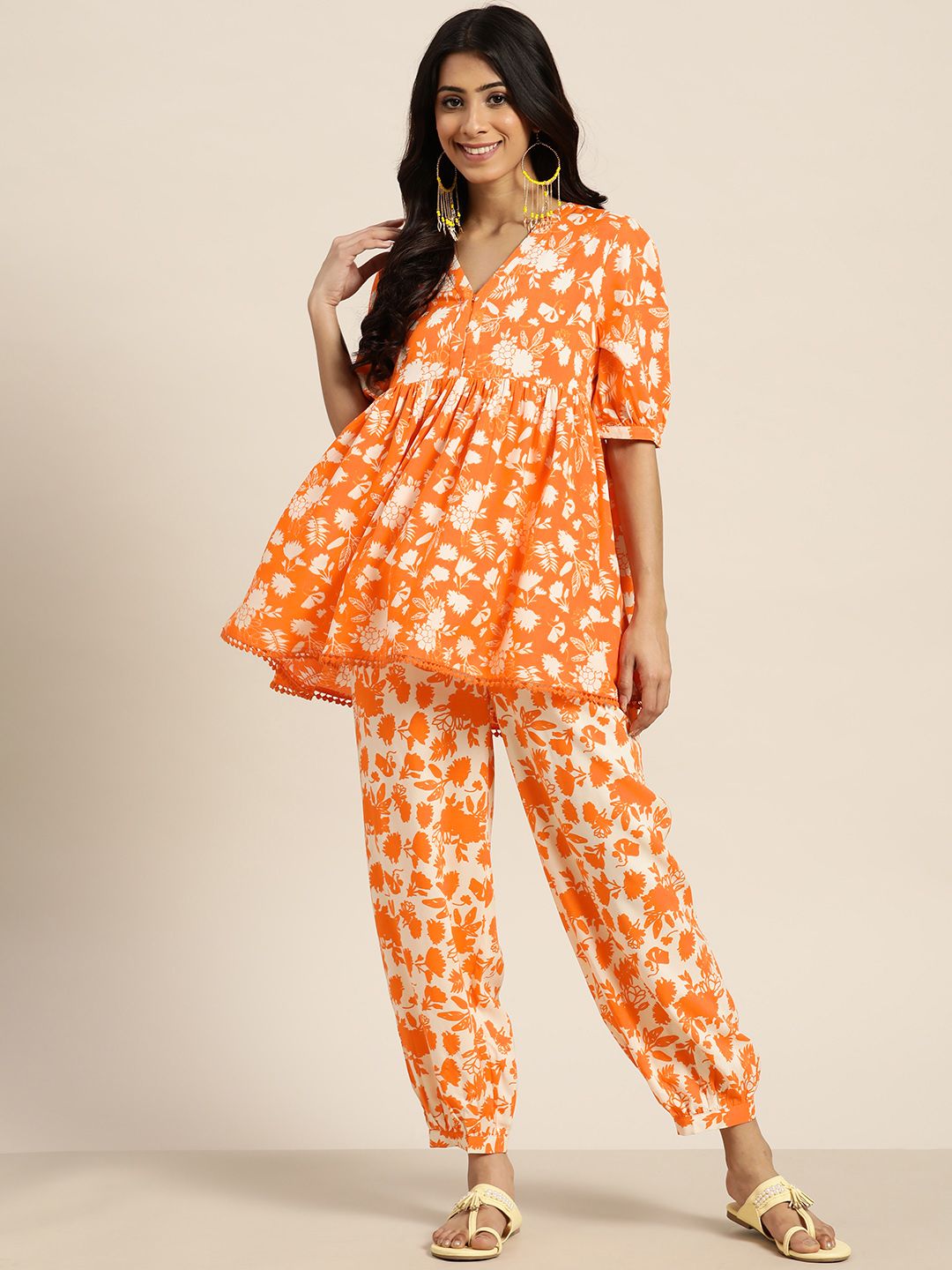 Sangria Women Orange Floral Printed Pleated Pure Cotton Kurti with Salwar Price in India