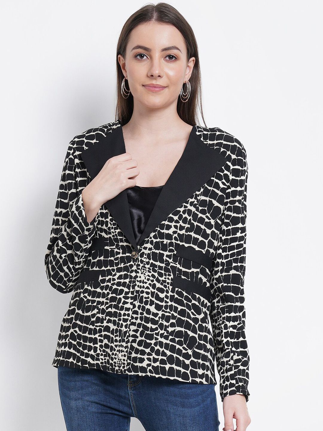 Purple State Women Black & White Animal Print Single-Breasted Slim-Fit Blazer Price in India