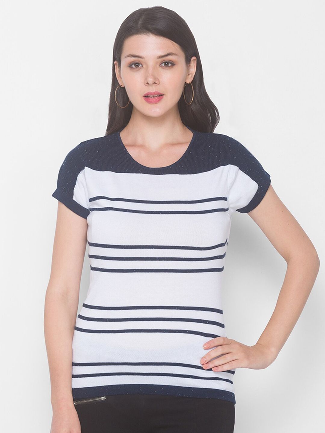 Globus Women Navy Blue & White Striped Cotton Pullover Price in India