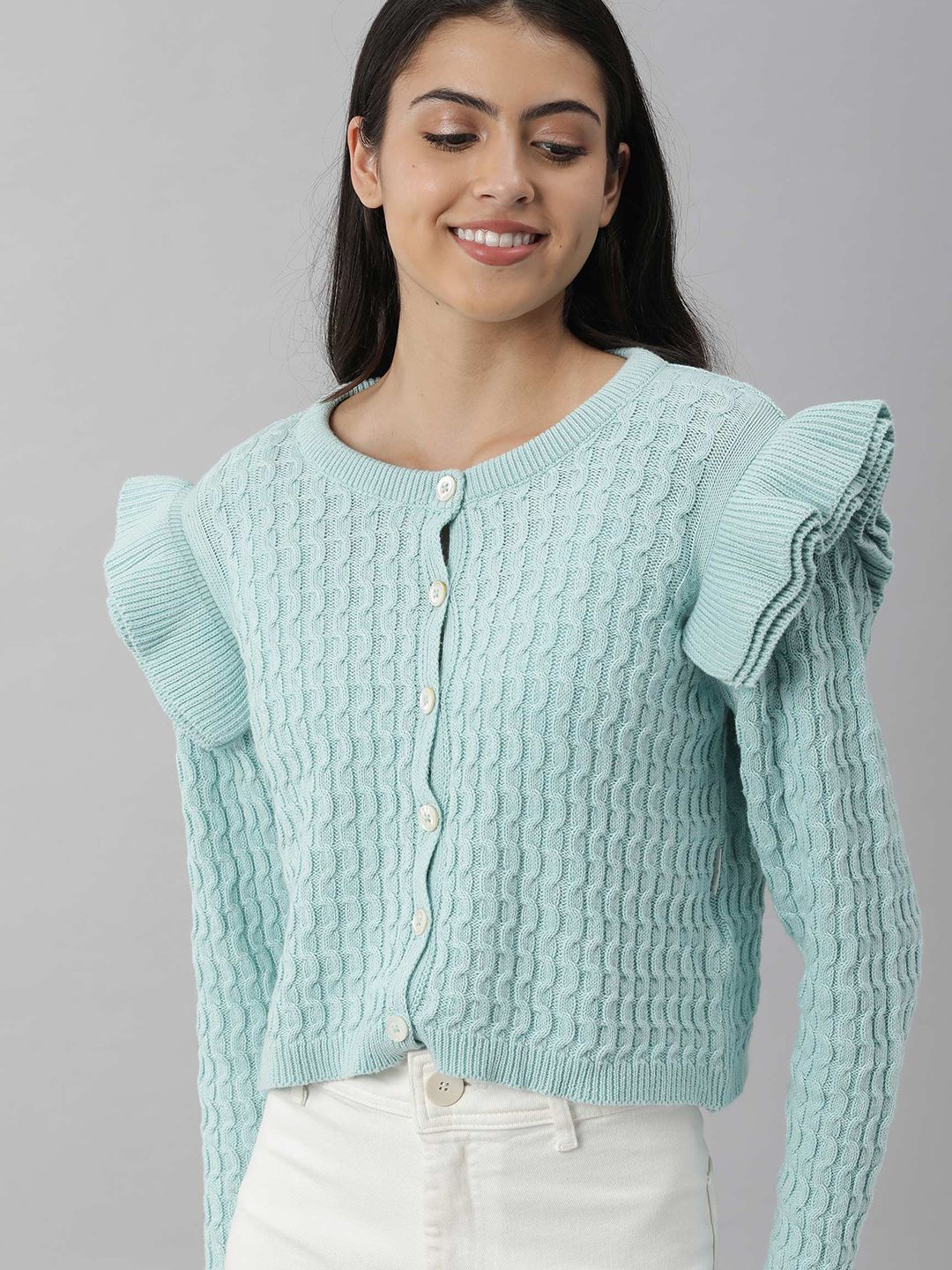 RAREISM Women Blue Cable Knit Cardigan Price in India