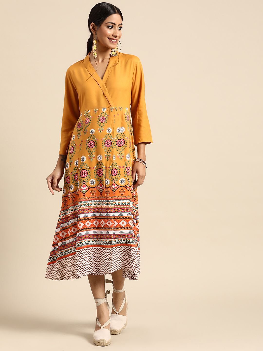 Sangria Women Mustard Yellow Printed Wrap Ethnic Dress Price in India