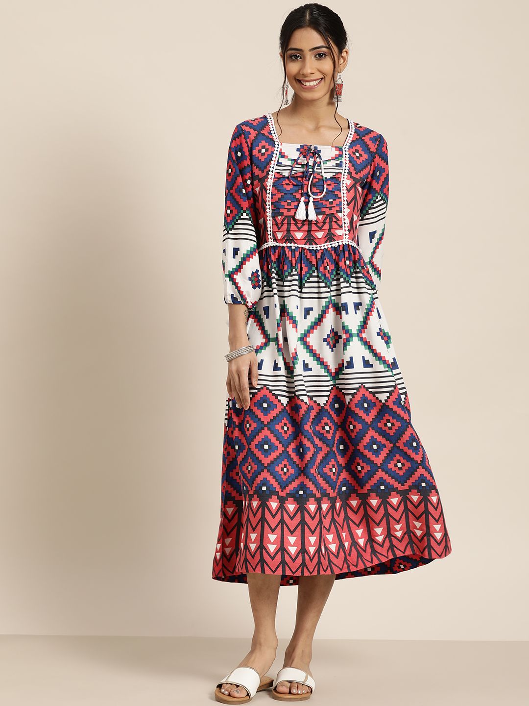 Sangria Women Blue & Coral Geometric Print A-Line Midi Dress Price in India