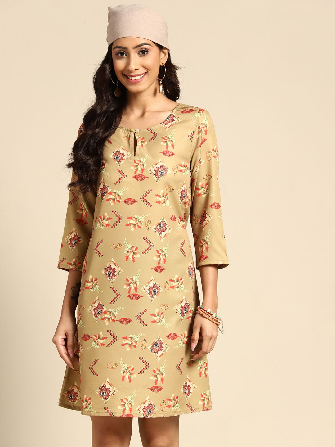 Sangria Green & Red Floral Print Keyhole Neck Ethnic A-Line Dress Price in India