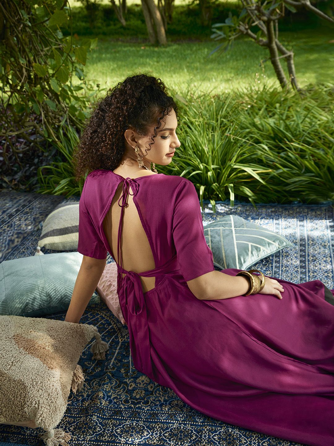 Sangria Purple Solid Tie-up Neck Belted & Open Back A-line Maxi Dress Price in India