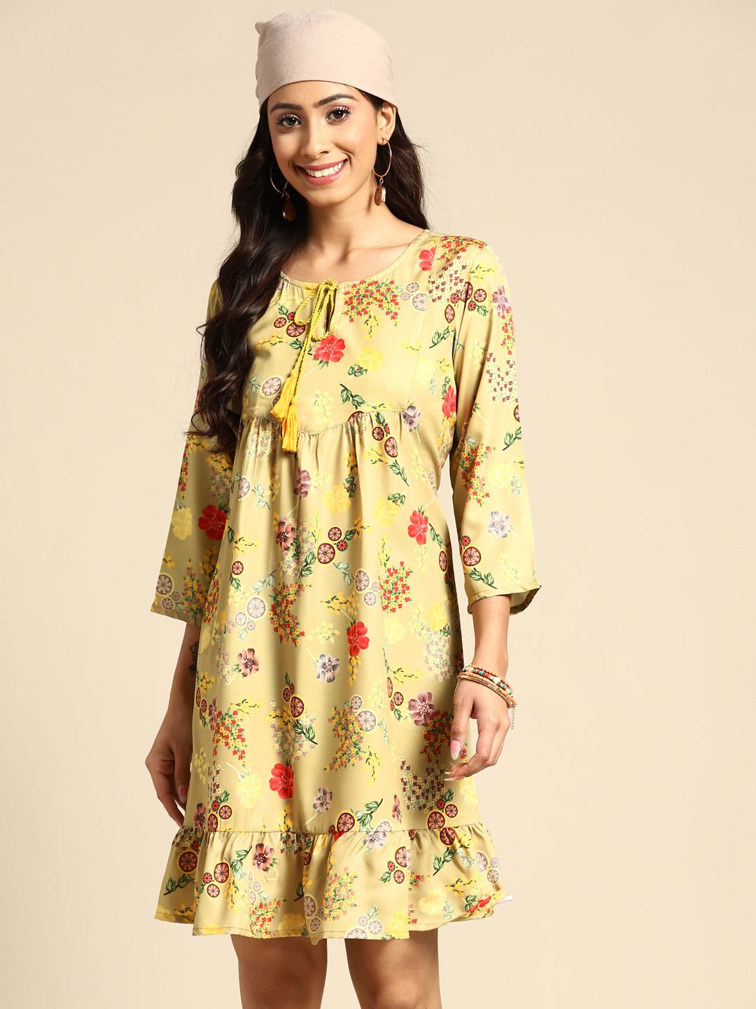 Sangria Khaki Floral Print Tie-Up Neck Ethnic A-Line Dress Price in India