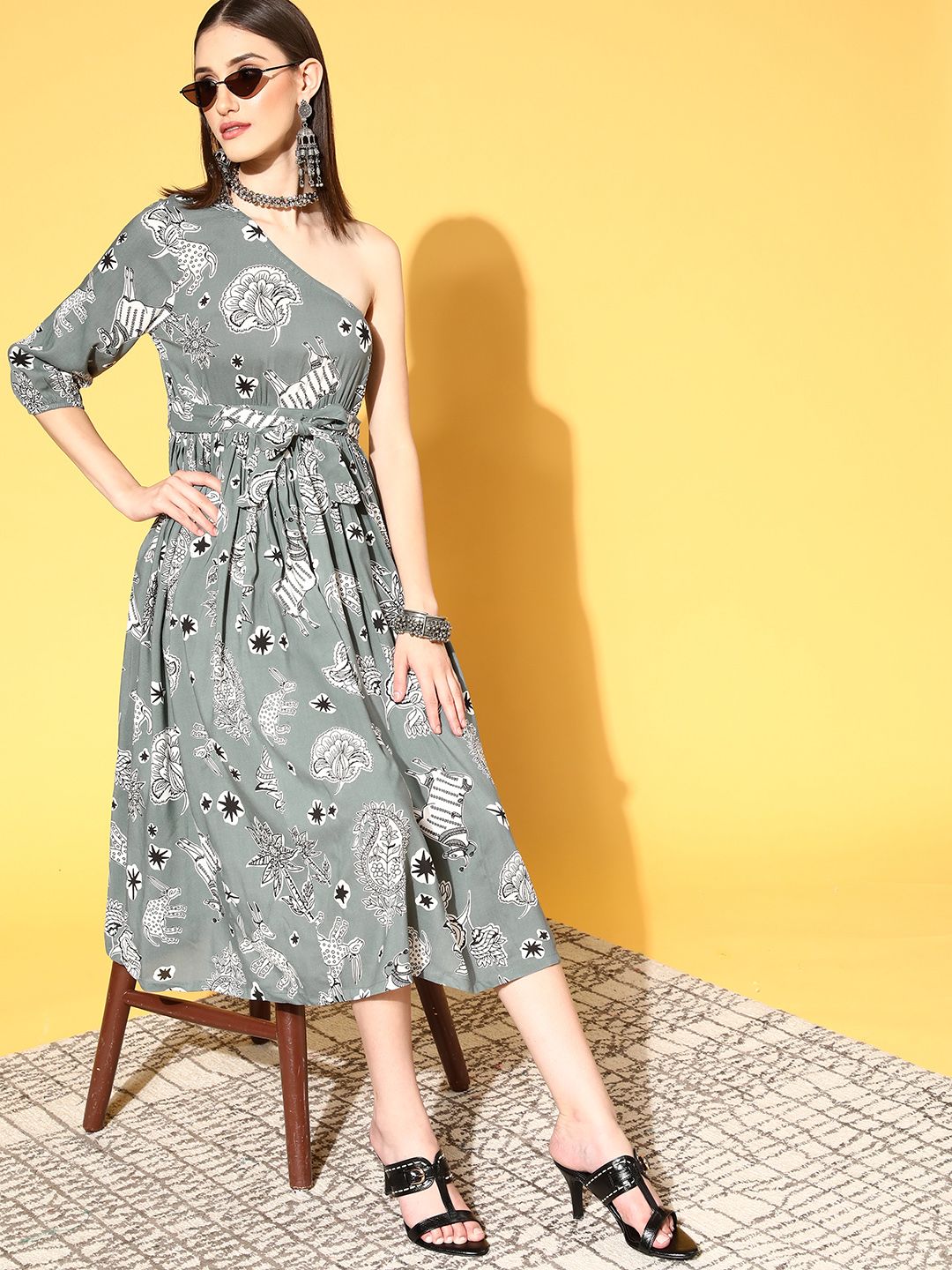 Sangria Grey & White Ethnic Print One Shoulder A-Line Midi Dress Price in India