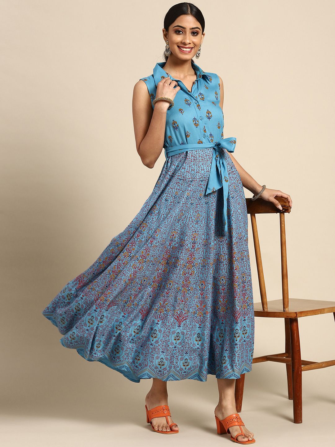 Sangria Women Blue & Mustard Yellow Ethnic Printed A-Line Midi Dress with Belt Price in India