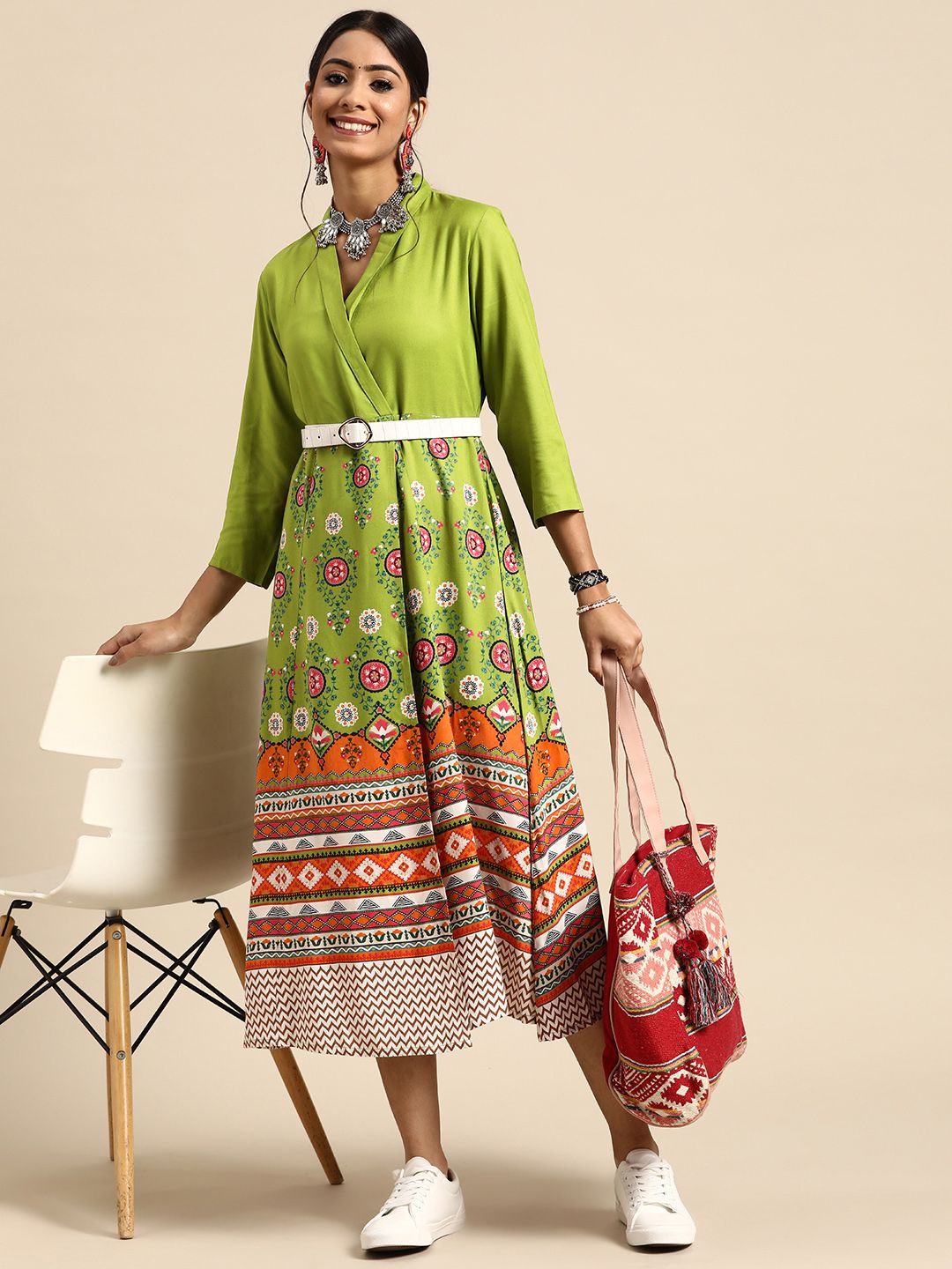 Sangria Women Green Printed Wrap Ethnic Dress Price in India