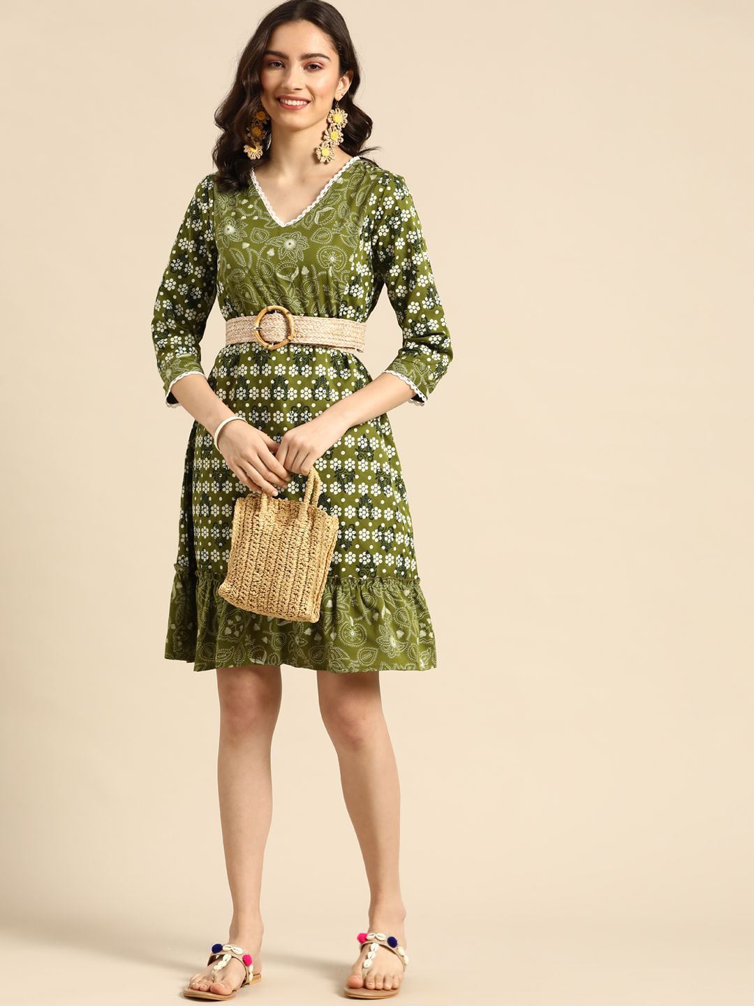 Sangria Olive Green Ethnic Motifs A-Line Dress Price in India