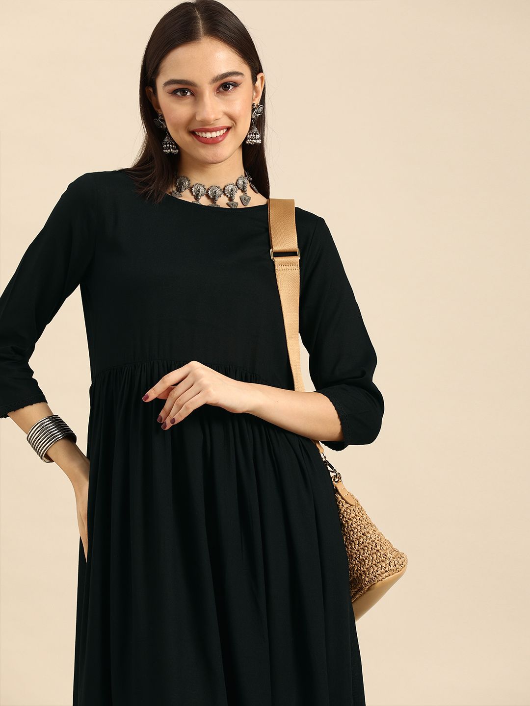 Sangria Women Black Floral Ethnic A-Line Midi Dress Price in India