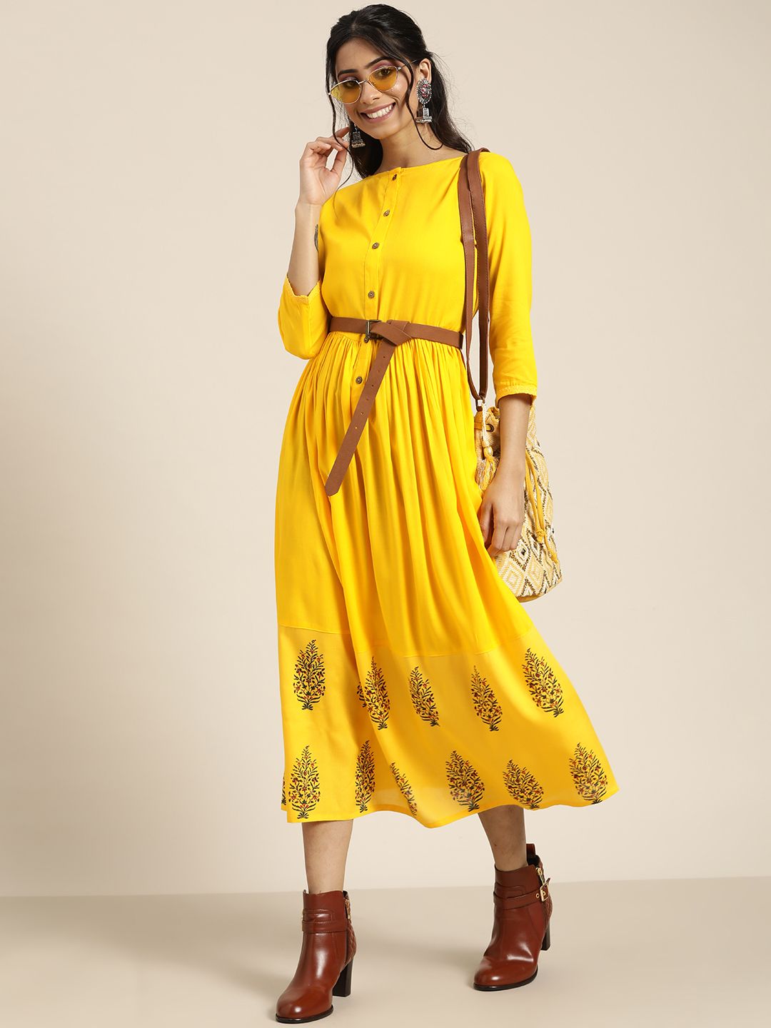 Sangria Yellow Ethnic Motifs A-Line Midi Dress Price in India