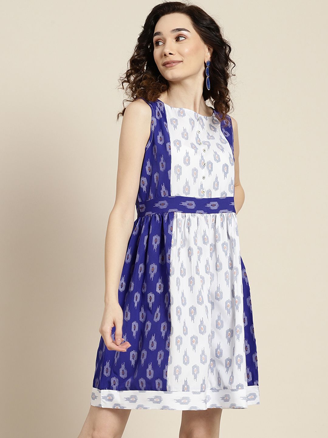 Sangria Women White & Blue A-Line Ethnic Printed Dress Price in India