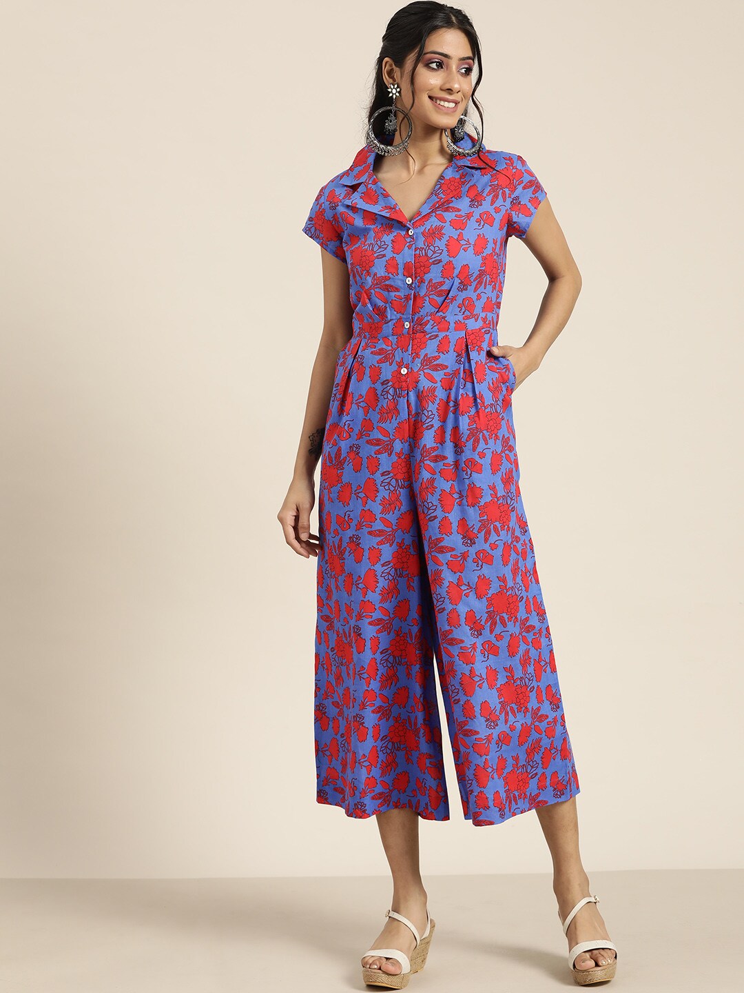 Sangria Blue & Red Printed Capri Jumpsuit Price in India