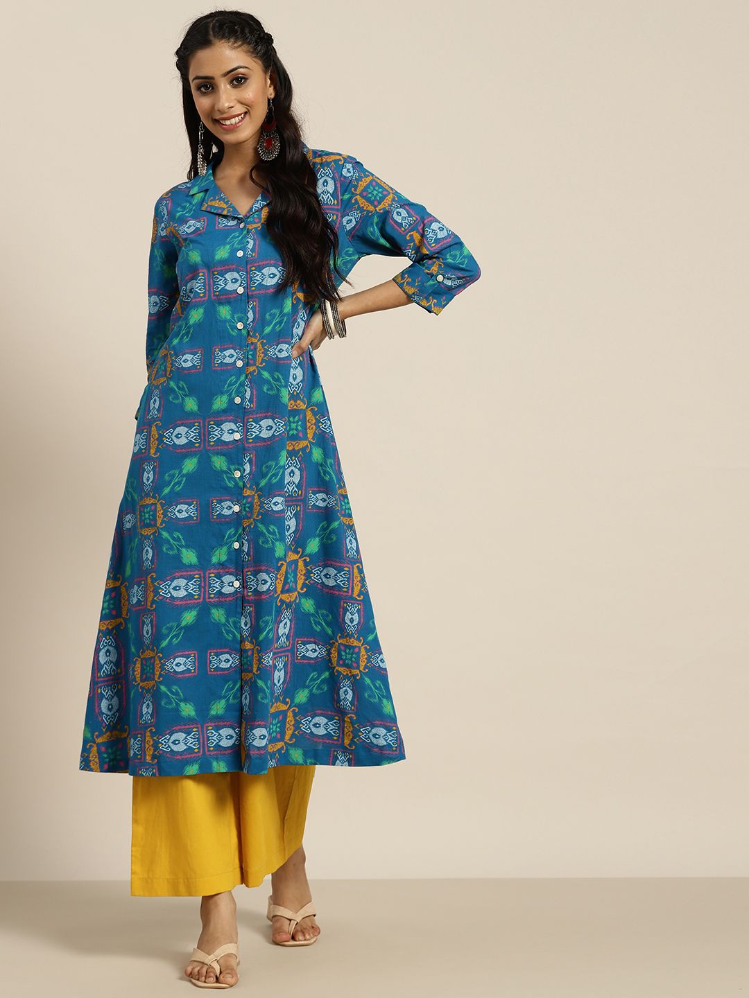 Sangria Women Blue Ethnic Motifs Printed Pure Cotton Pathani Kurta with Palazzos Price in India