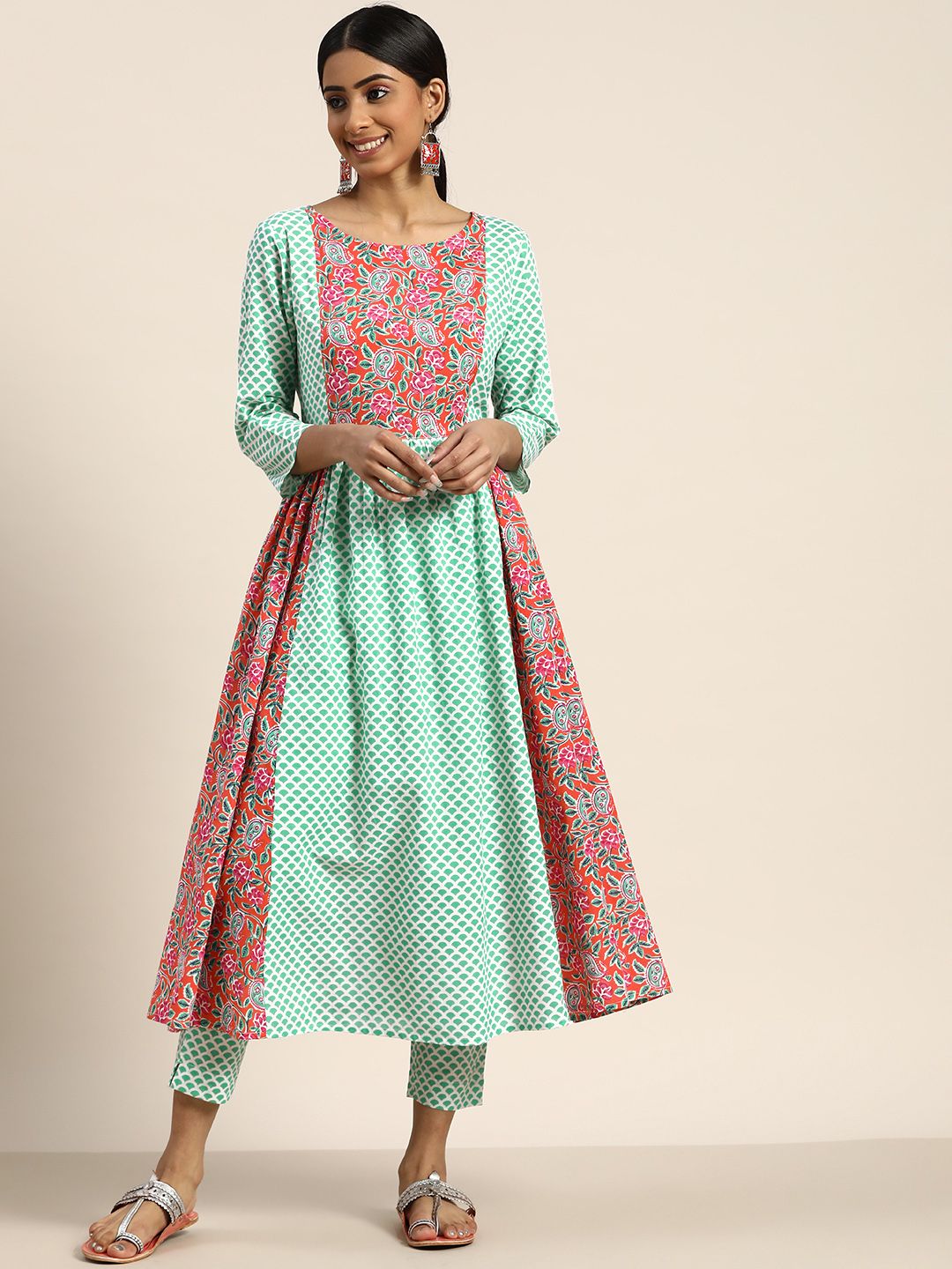 Sangria Women Sea Green & Coral Orange Ethnic Motifs Printed Kurta with Trousers