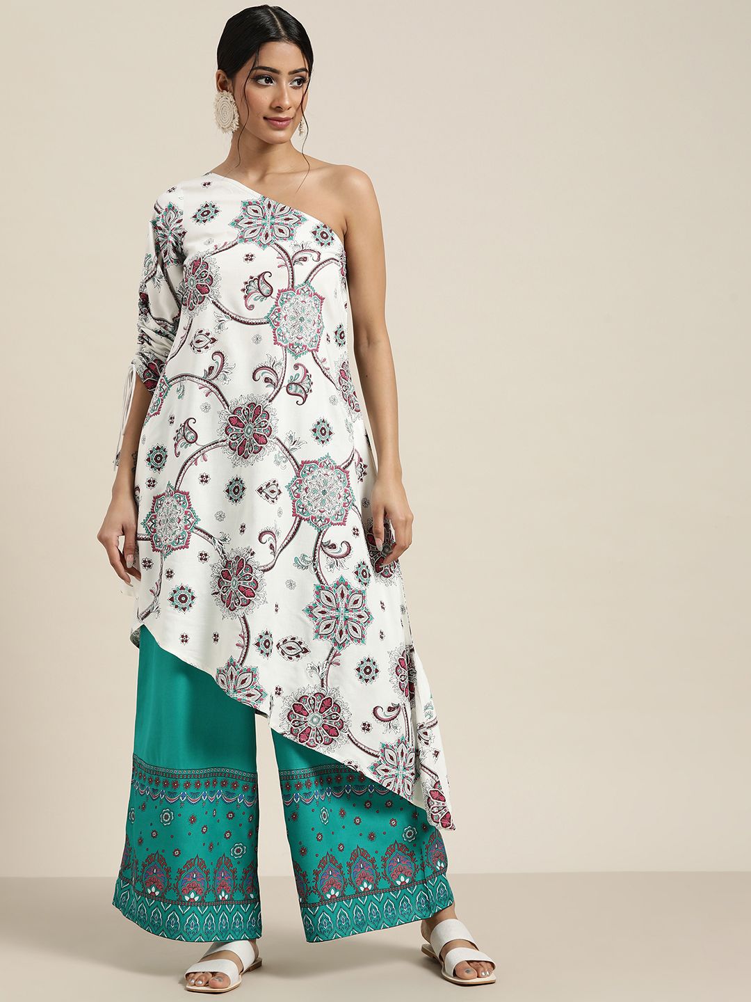 Sangria Women White & Green Ethnic Motifs Printed One-Shoulder Kurta with Palazzos