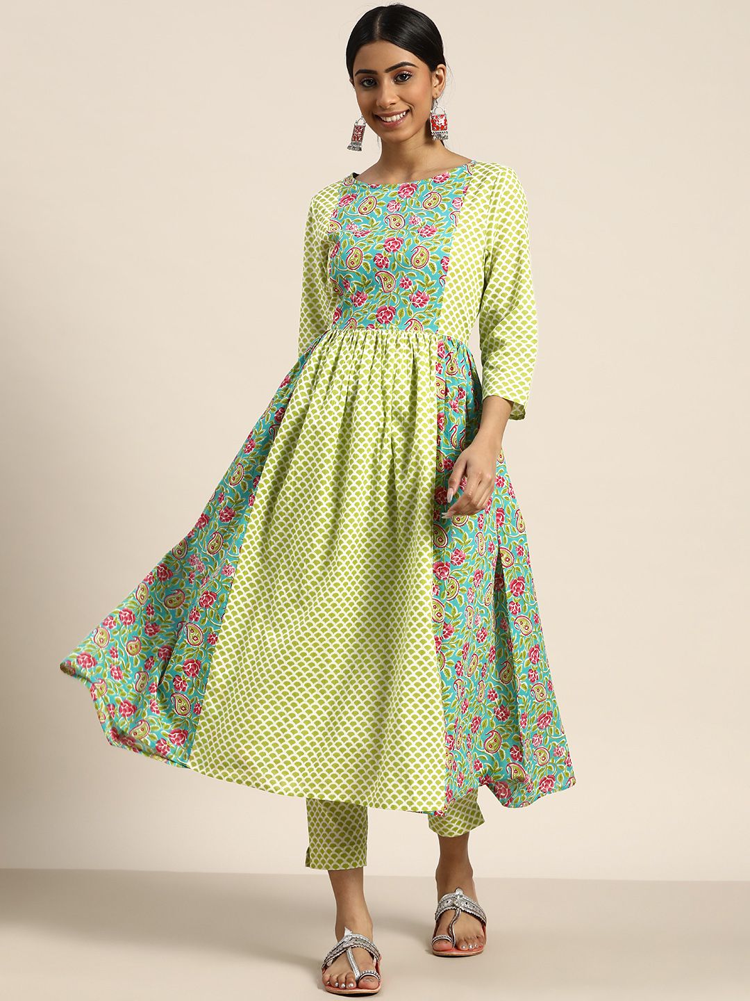 Sangria Women Green & Blue Ethnic Motifs Printed Kurta with Trousers Price in India