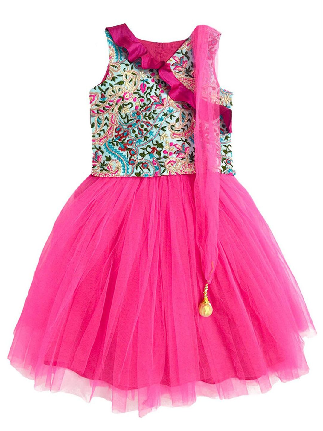 A.T.U.N. Girls Fuchsia & Blue Embroidered Ready to Wear Lehenga & Blouse With Net Dupatta