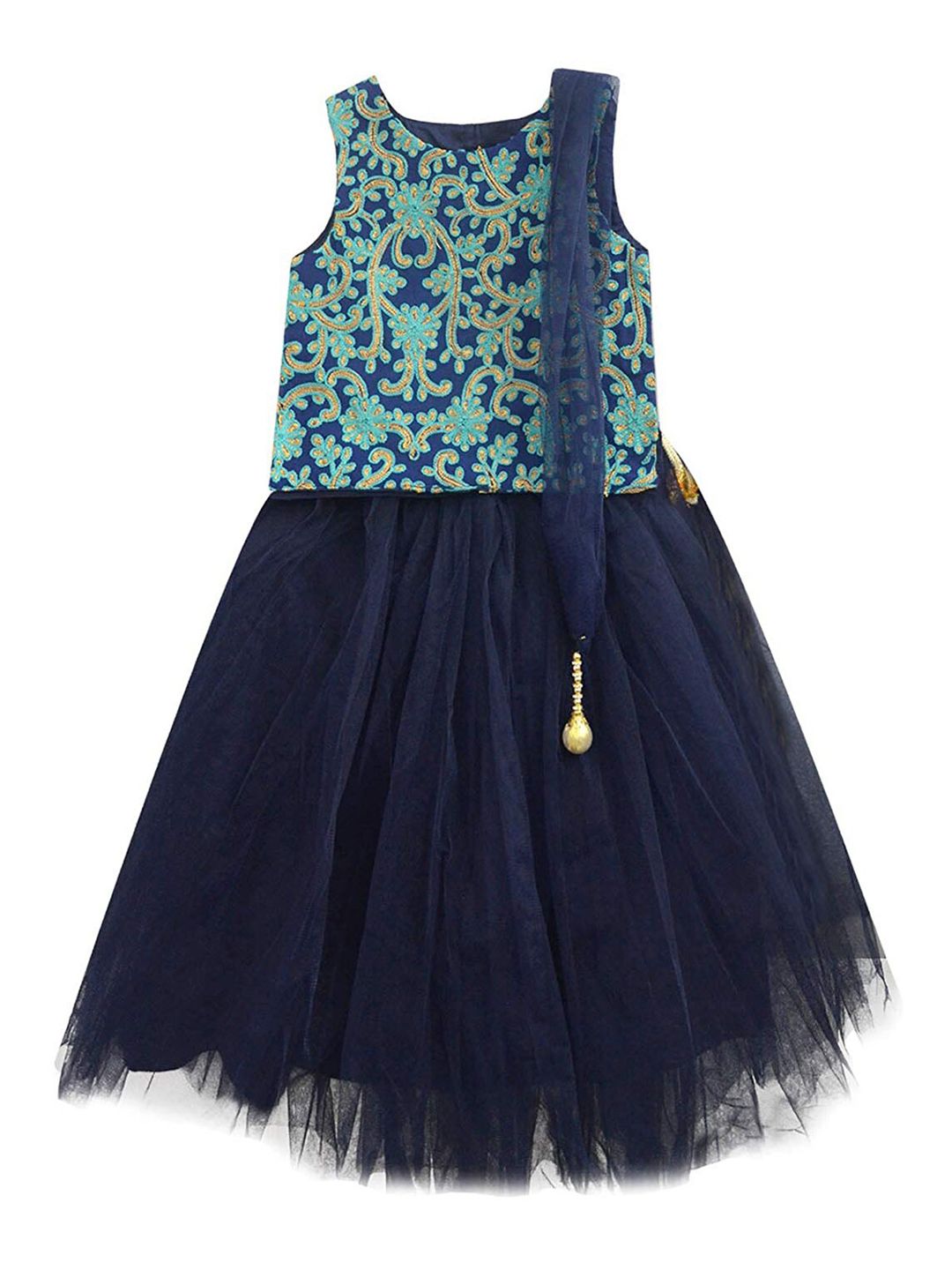 A T U N Girls Navy Blue & Green Embroidered Ready to Wear Lehenga & Blouse With Dupatta
