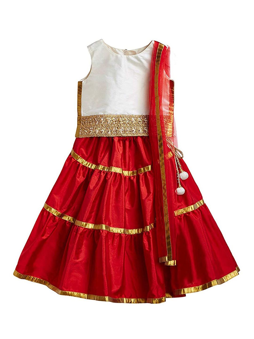 A T U N Girls Off White & Red Embellished Ready to Wear Lehenga & Blouse With Dupatta