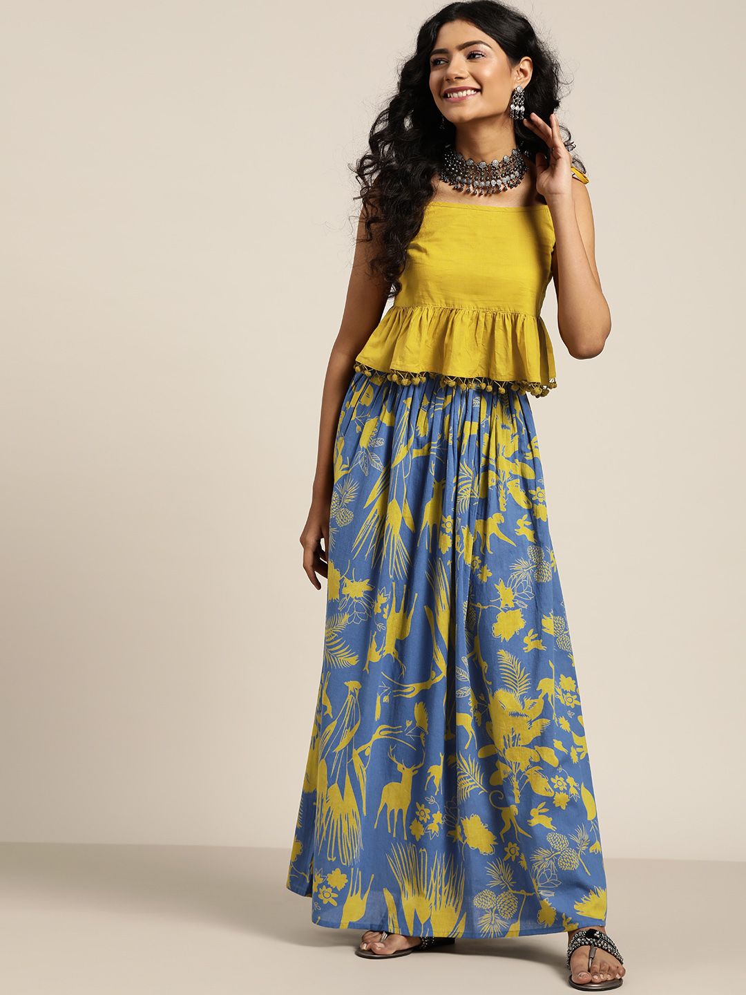 Sangria Mustard Yellow & Blue Ready to Wear Fusion Lehenga with Top Price in India
