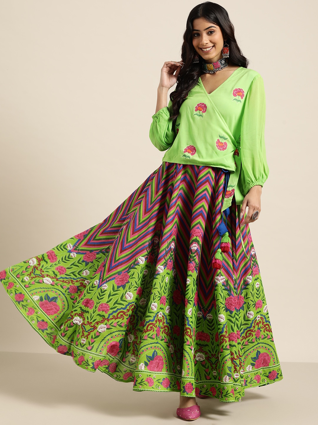 Sangria Women Green & Pink Floral Printed Fusion Lehenga & Choli Price in India
