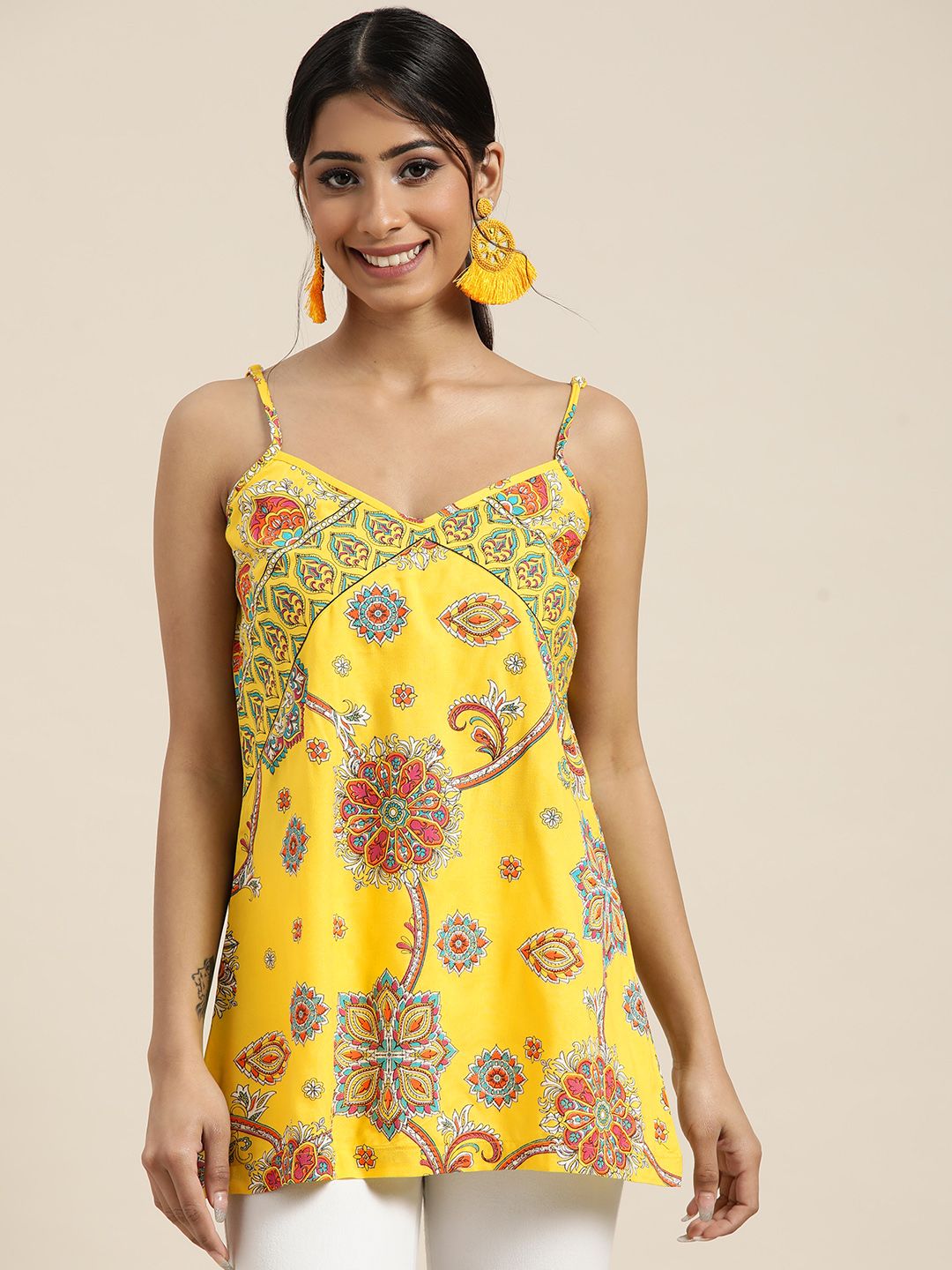 Sangria Yellow & Orange Pleated A-Line Fusion Top