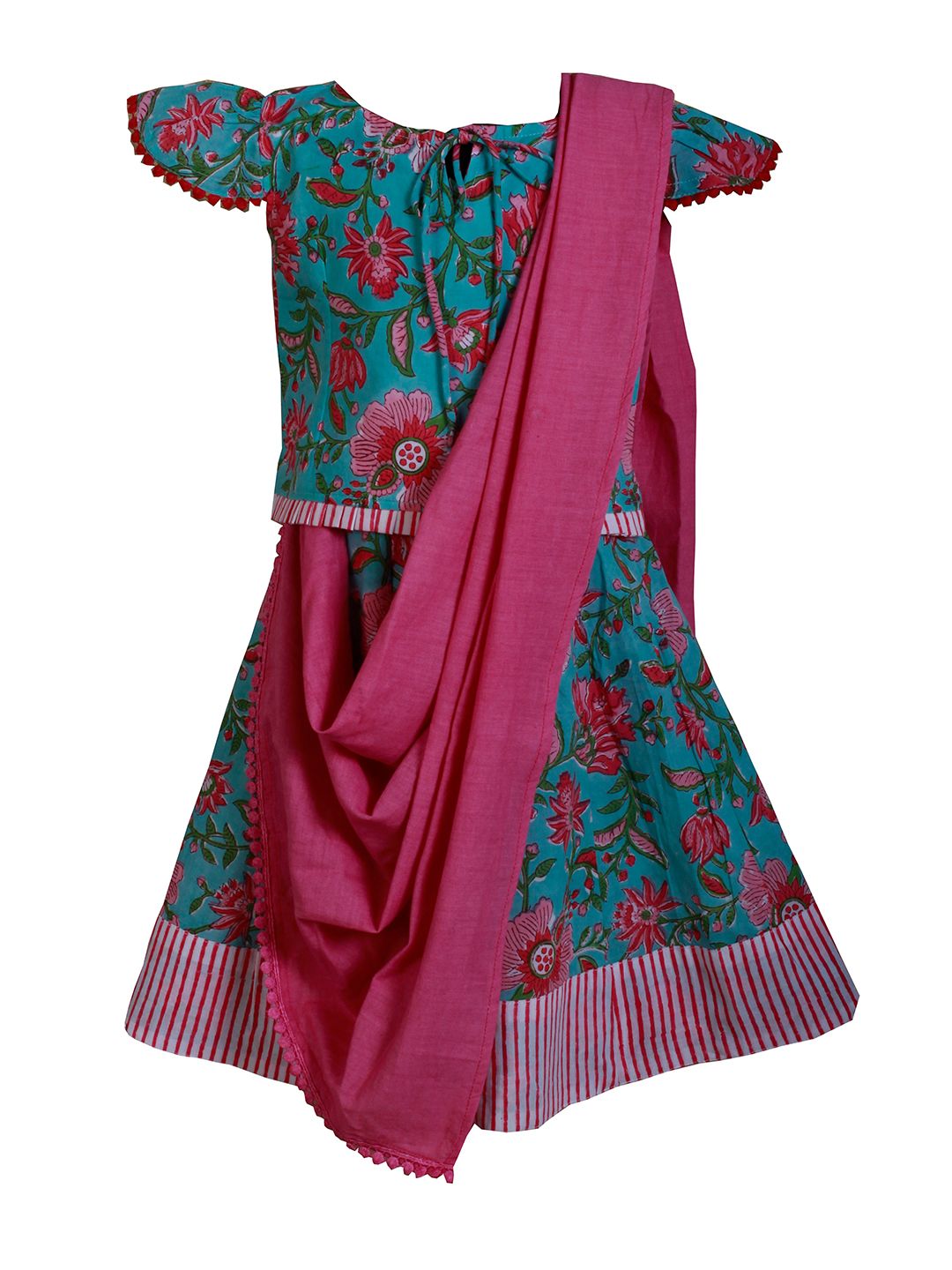 SHIVANGI clothing Girls Blue & Pink Printed Ready to Wear Lehenga & Blouse With Dupatta