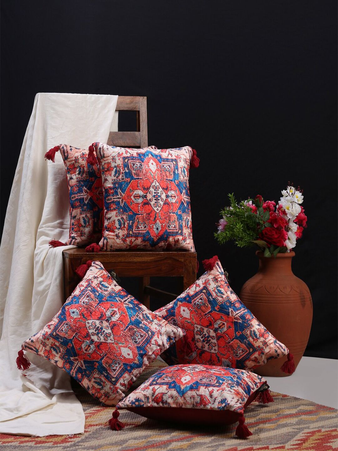 HOSTA HOMES Blue & Red Set of 5 Ethnic Motifs Velvet Square Cushion Covers Price in India