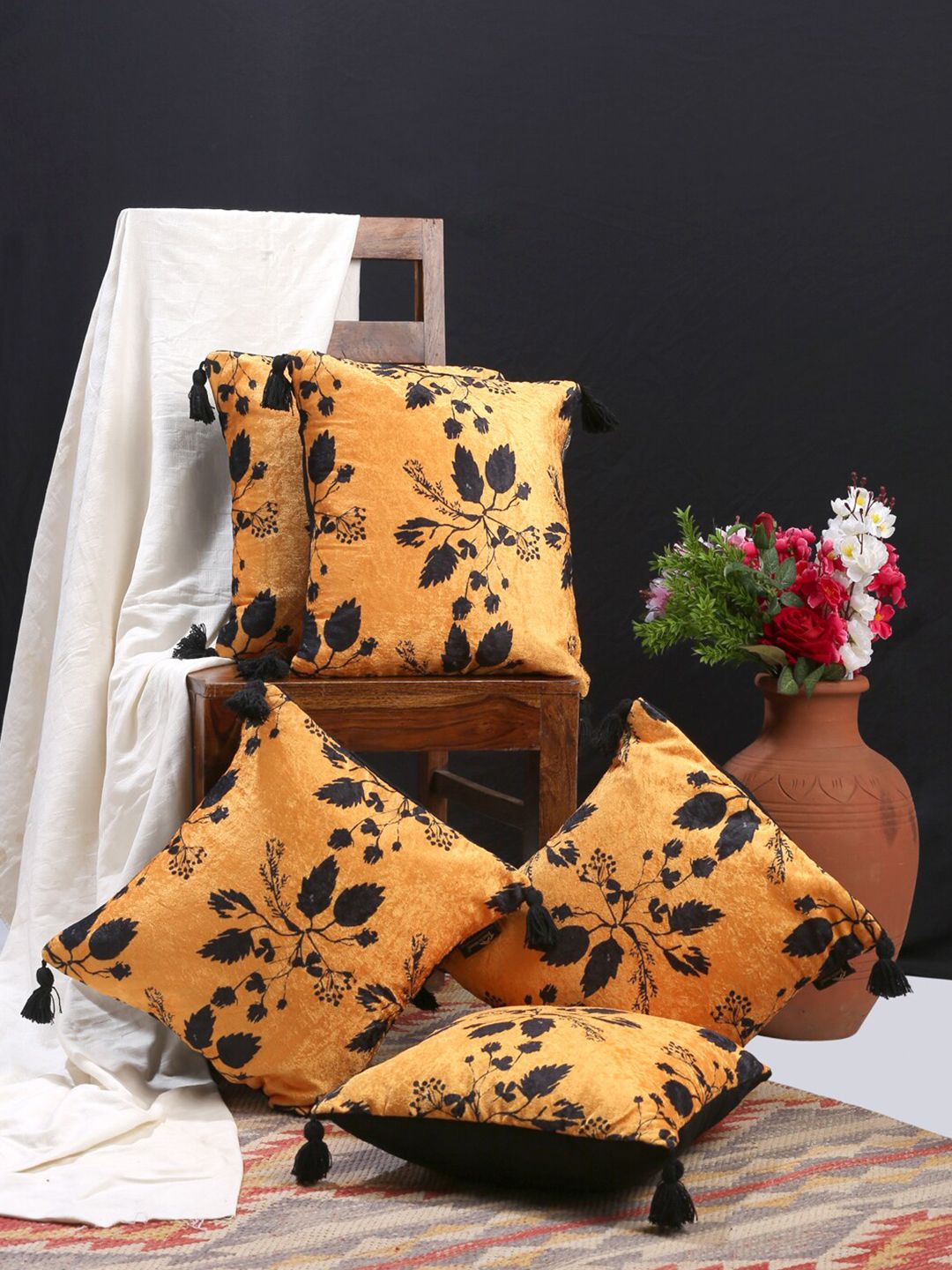 HOSTA HOMES Yellow & Black Set of 5 Floral Velvet Square Cushion Covers Price in India