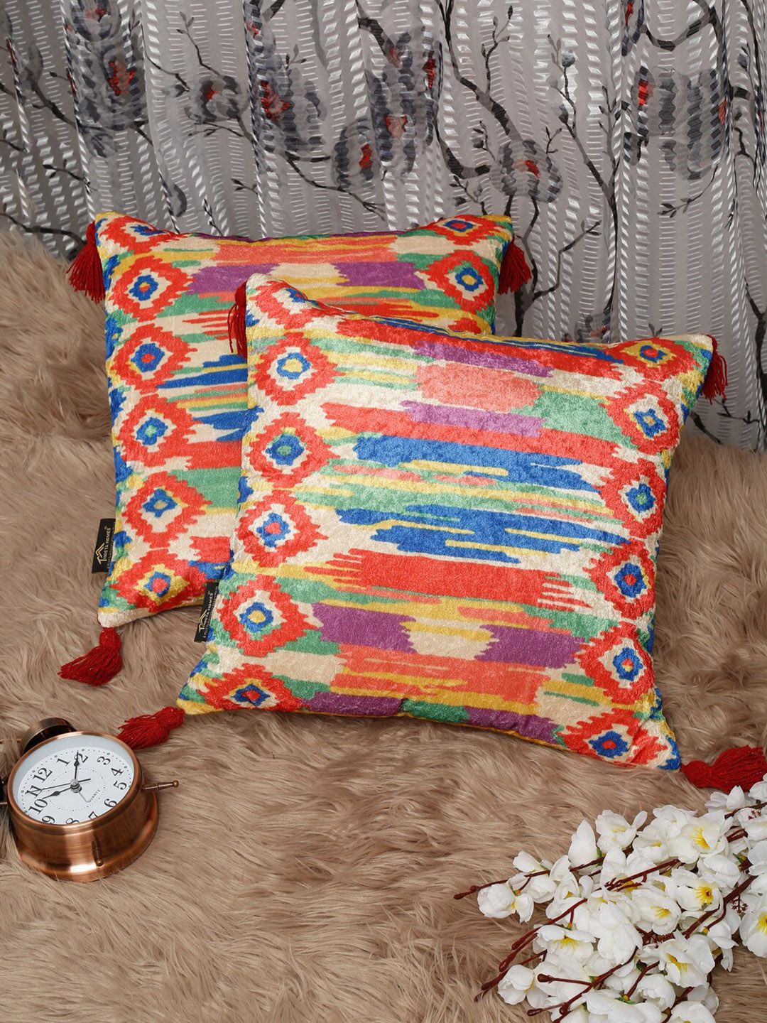 HOSTA HOMES Set Of 2 Multicoloured Abstract Digitally Printed Velvet Square Cushion Covers Price in India