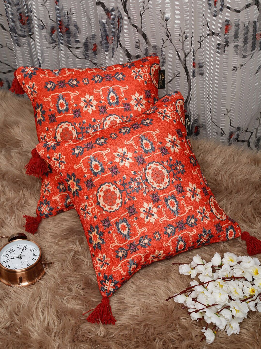 HOSTA HOMES Red & Blue Set of 2 Ethnic Motifs Velvet Square Cushion Covers Price in India