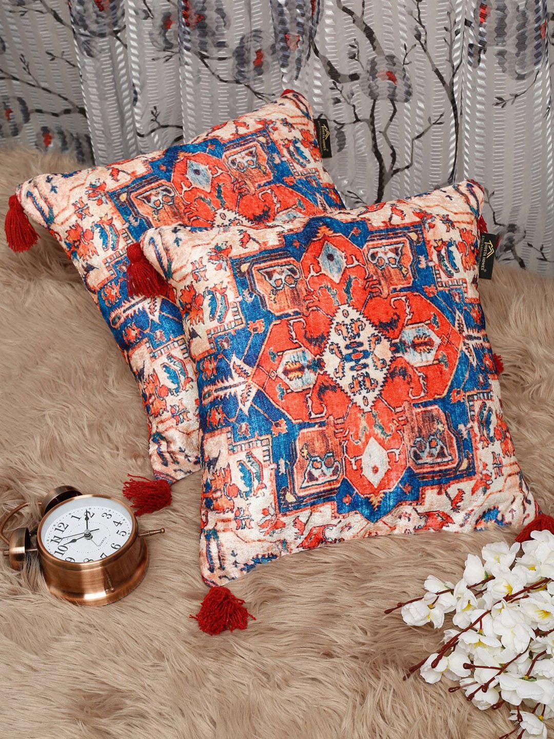 HOSTA HOMES Orange & Blue Set of 2 Ethnic Motifs Velvet Square Cushion Covers Price in India