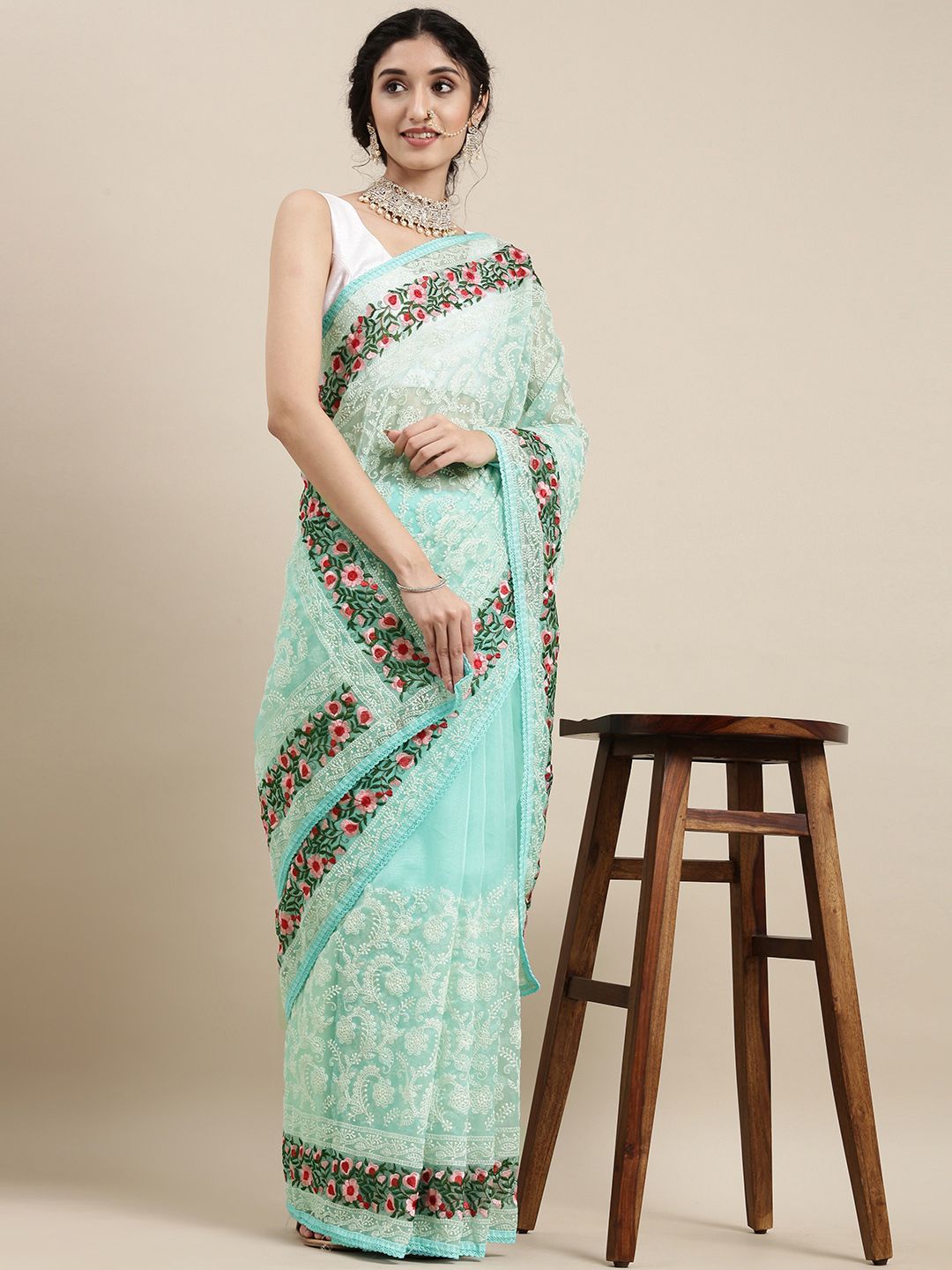 VASTRANAND Blue Floral Chikankari Organza Saree