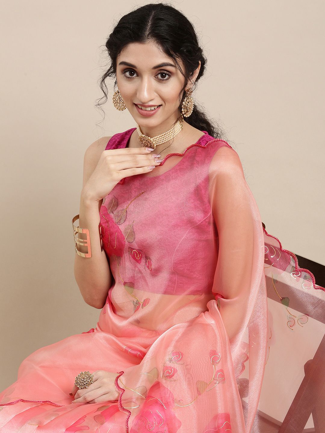 VASTRANAND Pink Floral Organza Saree