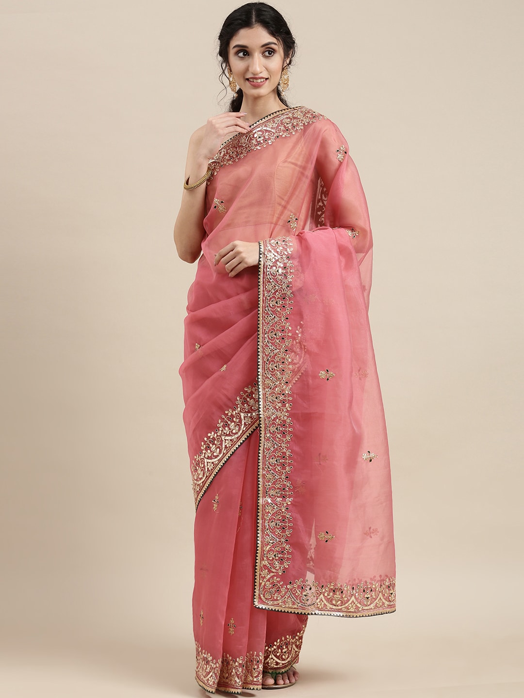 VASTRANAND Pink Ethnic Motifs Embroidered Organza Saree Price in India