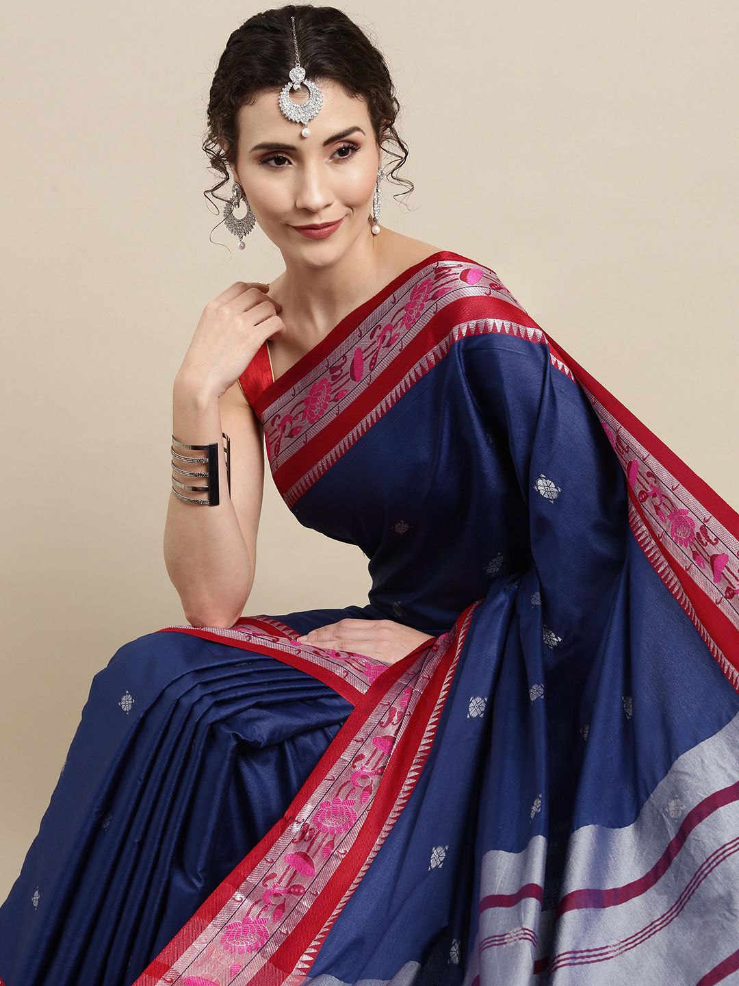 VASTRANAND Blue Zari Silk Cotton Paithani Saree