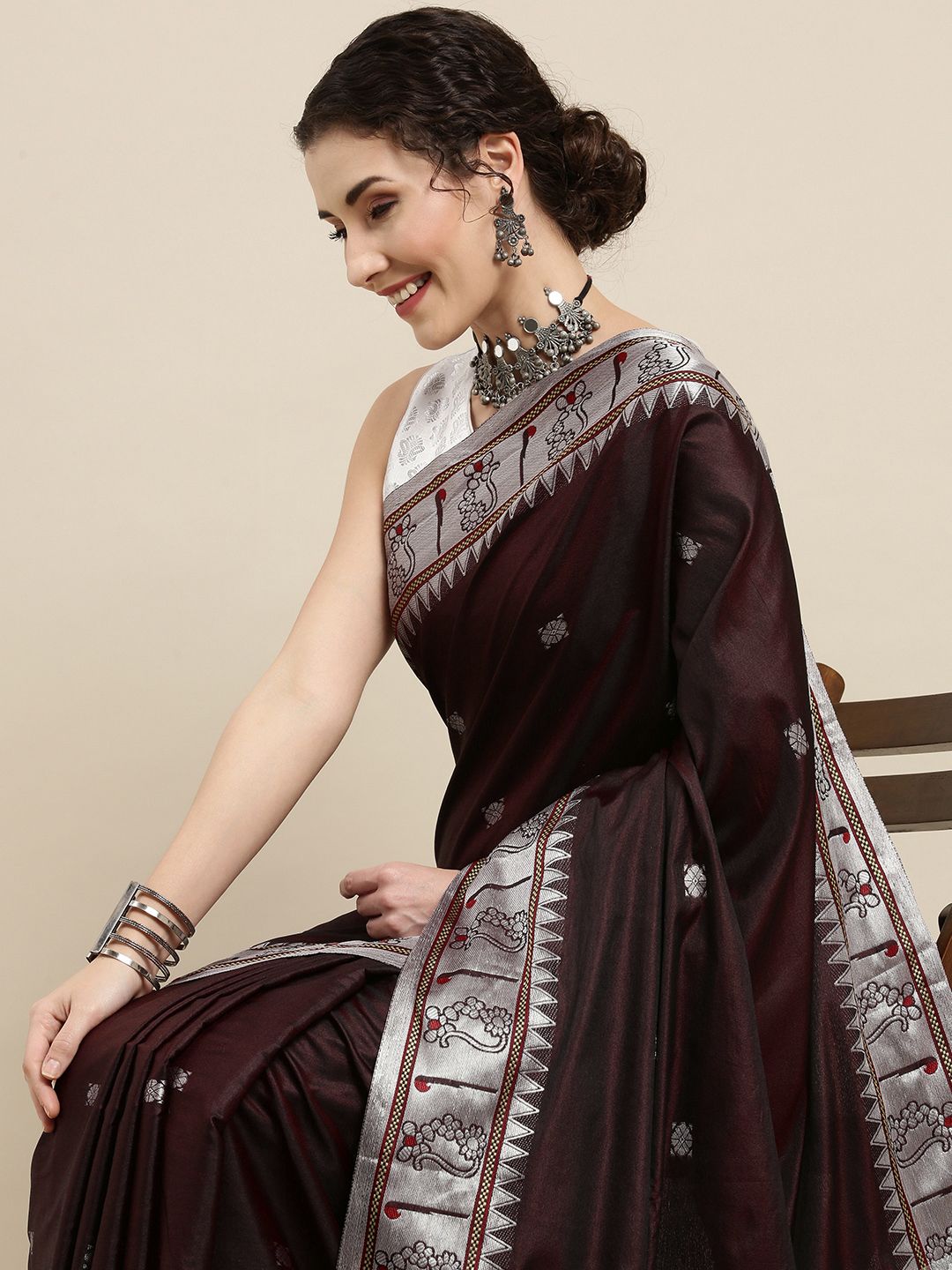 VASTRANAND Brown Zari Silk Cotton Paithani Saree Price in India