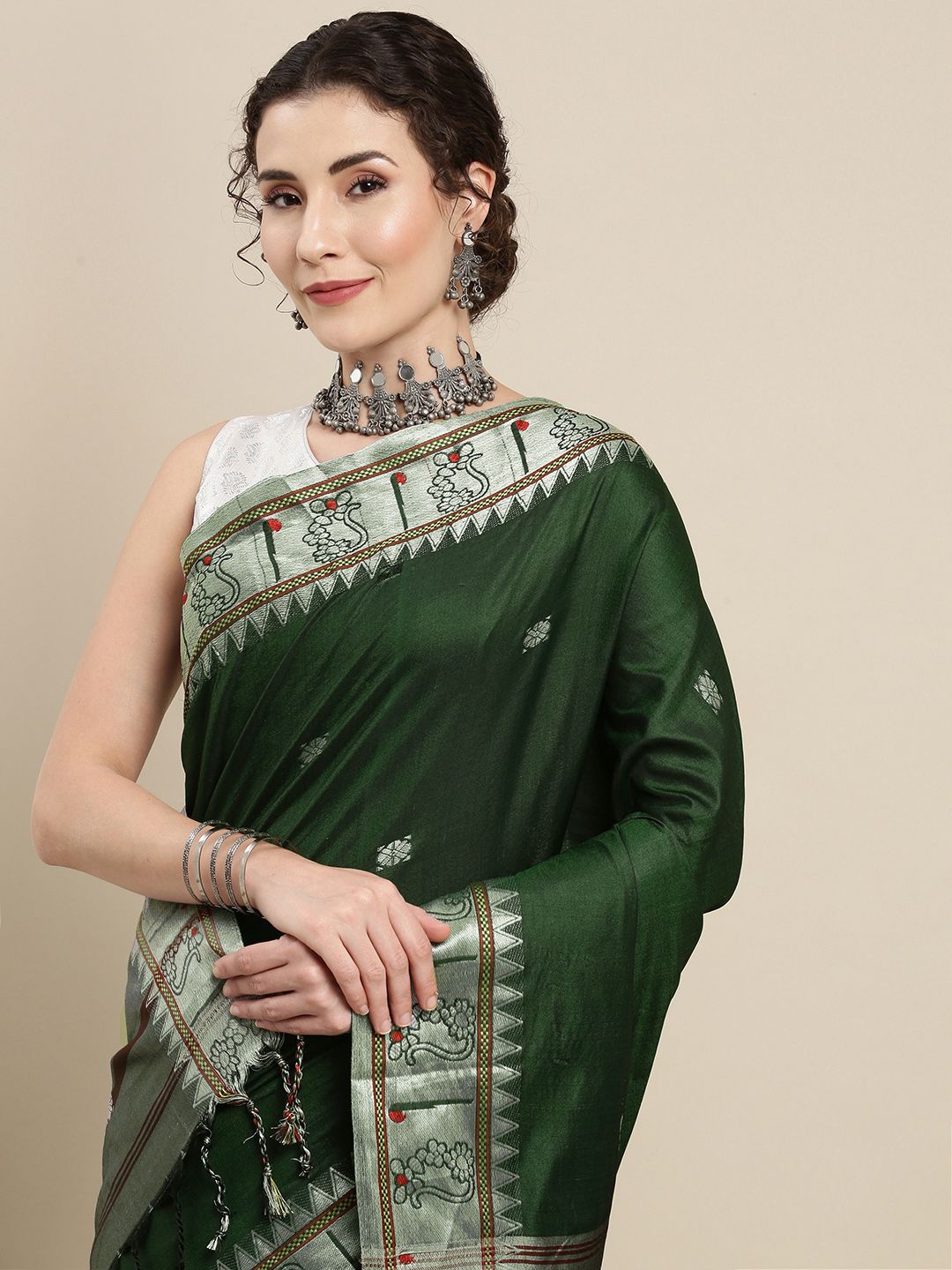 VASTRANAND Green Ethnic Motifs Zari Silk Cotton Paithani Saree