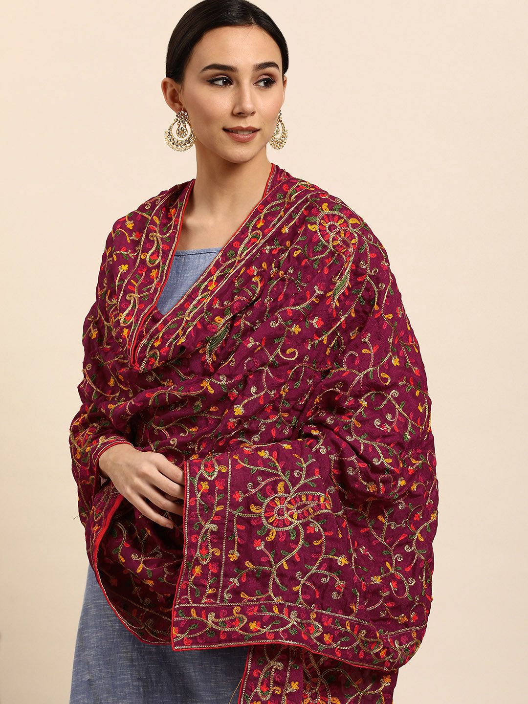 VASTRANAND Burgundy Ethnic Motifs Embroidered Dupatta