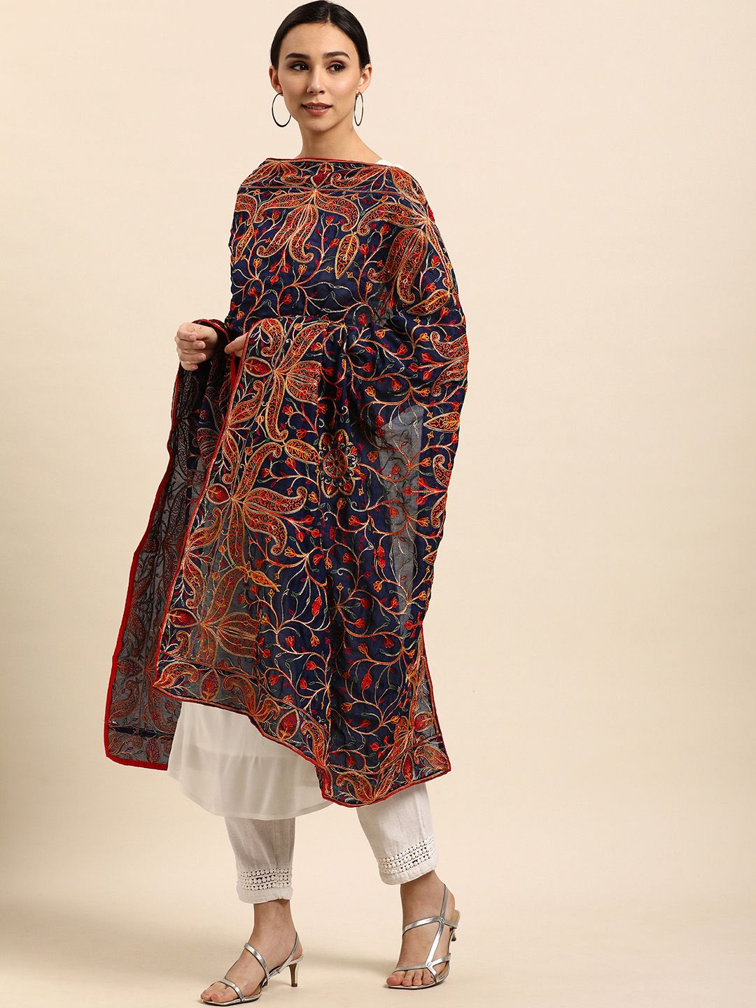 VASTRANAND Navy Blue & Orange Ethnic Motifs Embroidered Dupatta