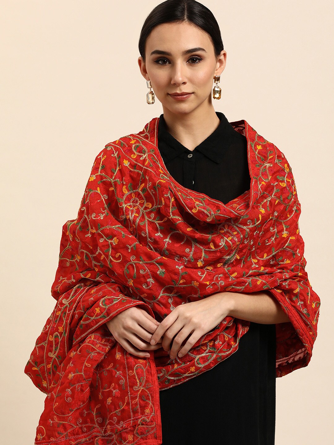 VASTRANAND Red Ethnic Motifs Embroidered Dupatta Price in India