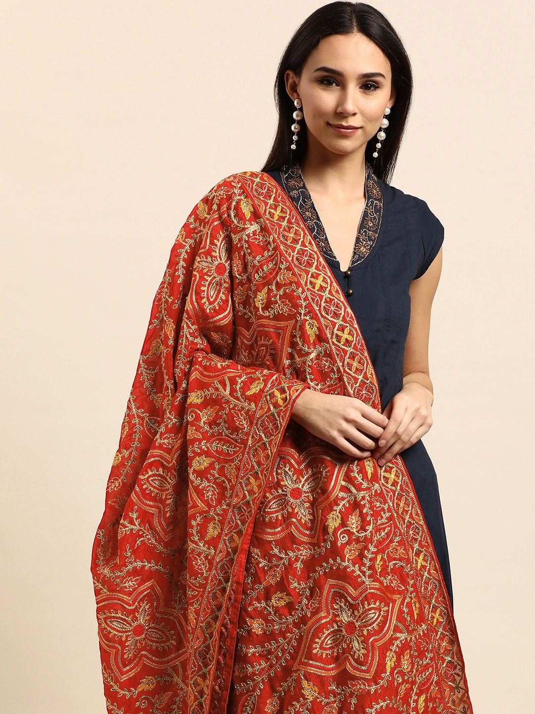 VASTRANAND Red & Yellow Ethnic Motifs Embroidered Dupatta with Thread Work Price in India