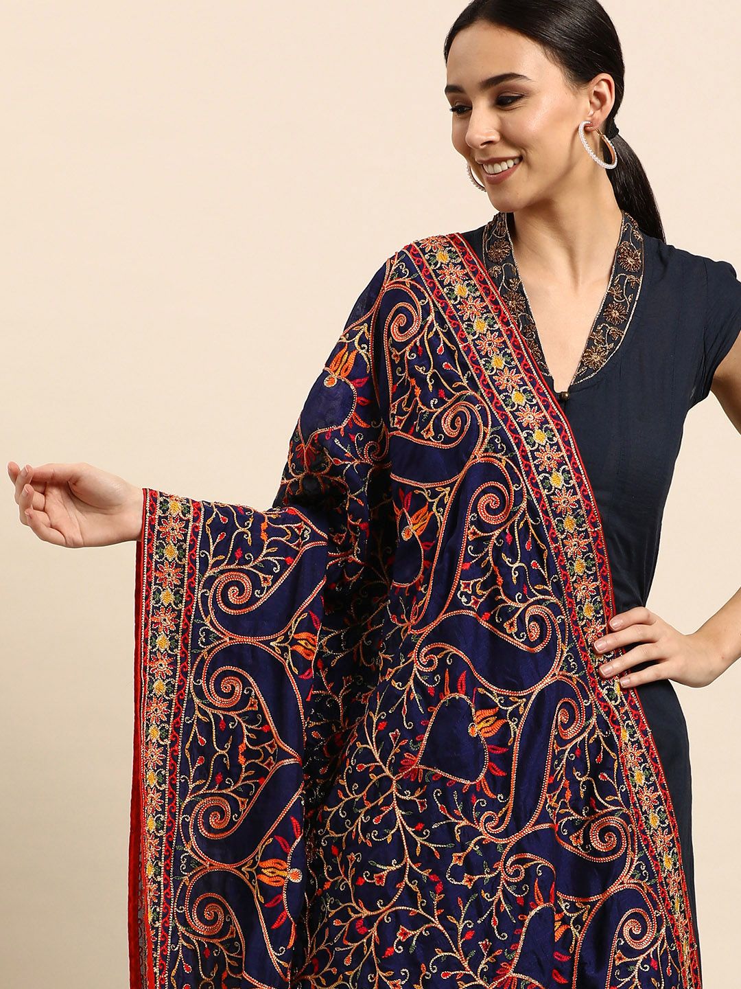 VASTRANAND Navy Blue & Red Ethnic Motifs Embroidered Dupatta Price in India