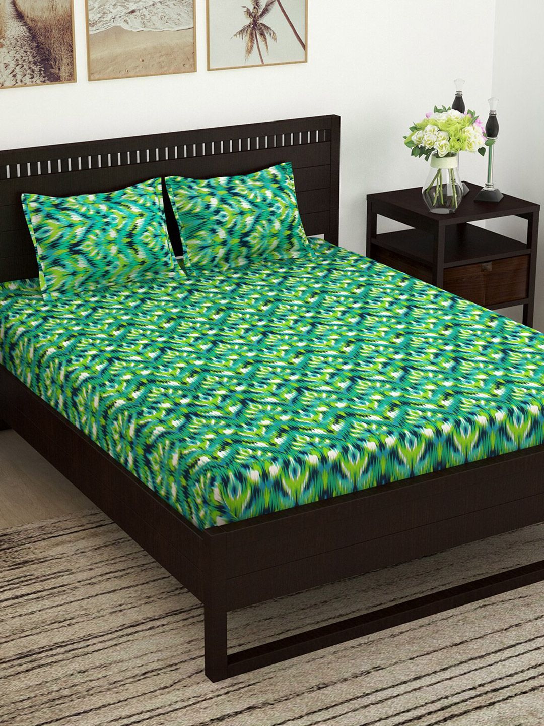Story@home Turquoise Blue & White Floral 144 TC Queen Bedsheet with 2 Pillow Covers Price in India