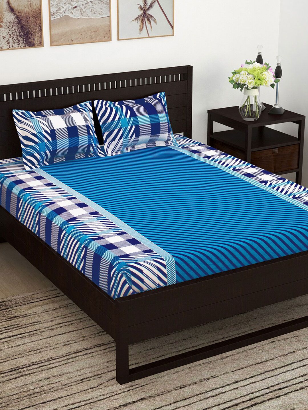 Story@home Blue & White Geometric Pure Cotton 152 TC Queen Bedsheet with 2 Pillow Covers Price in India